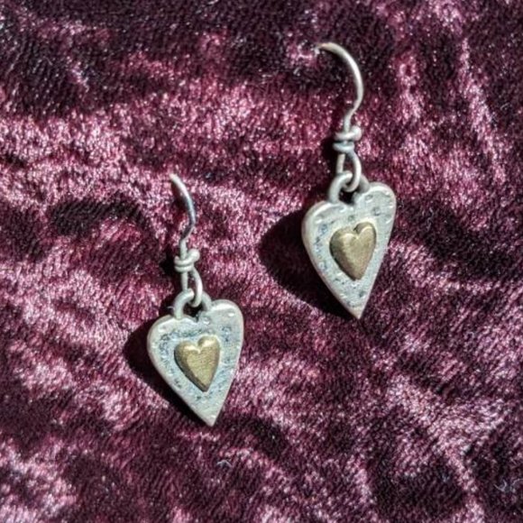 Mixed metal heart dangle earrings, dimensional, sterling wires, designer quality - Picture 2 of 6